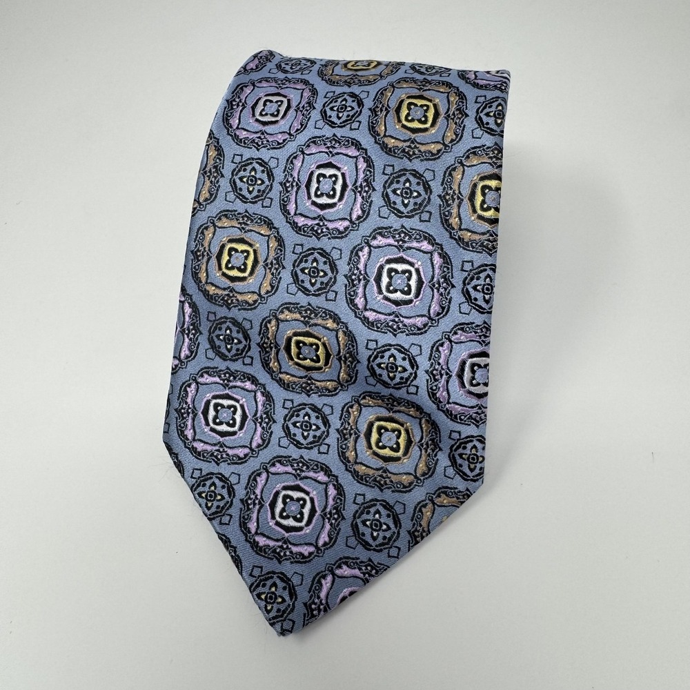 Silk Geometric Tie Mens One Size Blue Medallion Pattern Made USA Necktie Classic